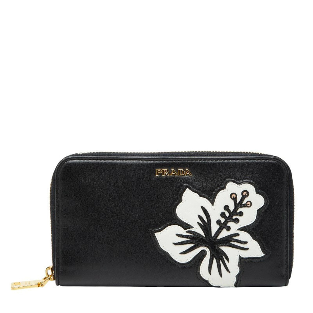 Prada Flower Hula Hawaii Long Wallet Black Leather